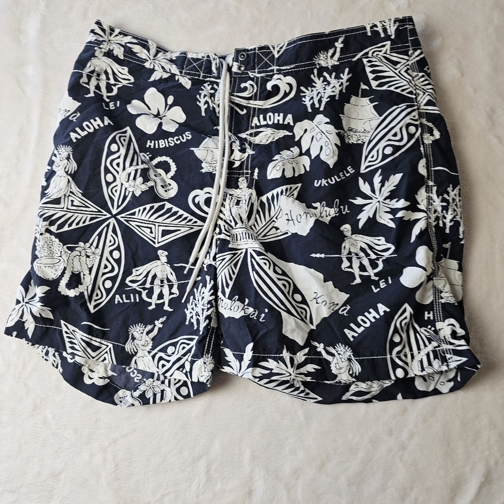 Polo Ralph Lauren Swimwear mens Large Hawaiian Print Aloha Navy White Preppy